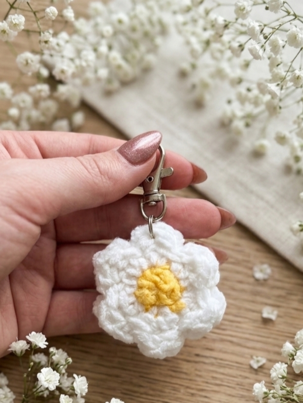 Handmade White & Yellow Crochet Flower Keychain